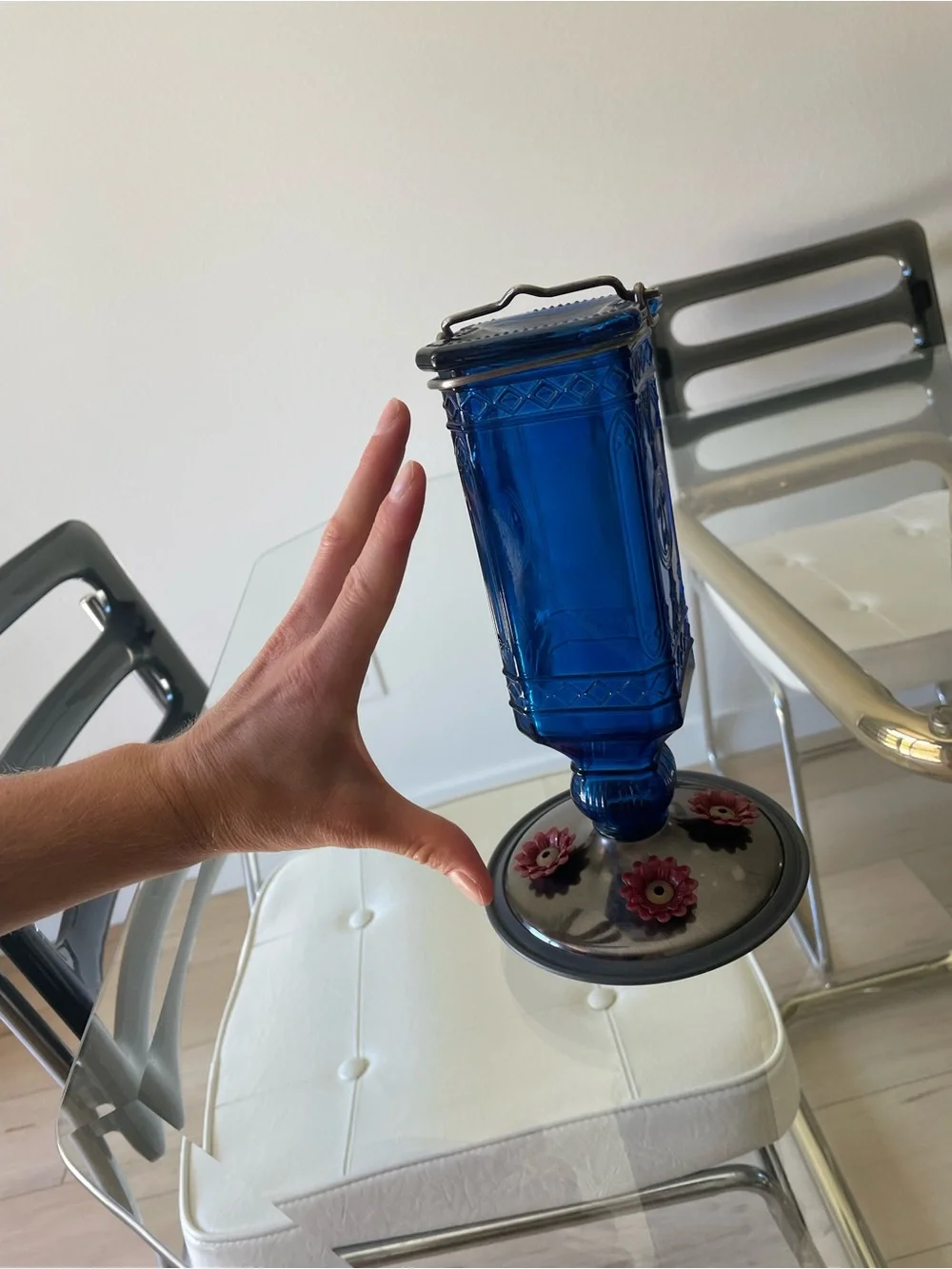 Cobalt Blue Glass Hanging Hummingbird Feeder - Home Accents